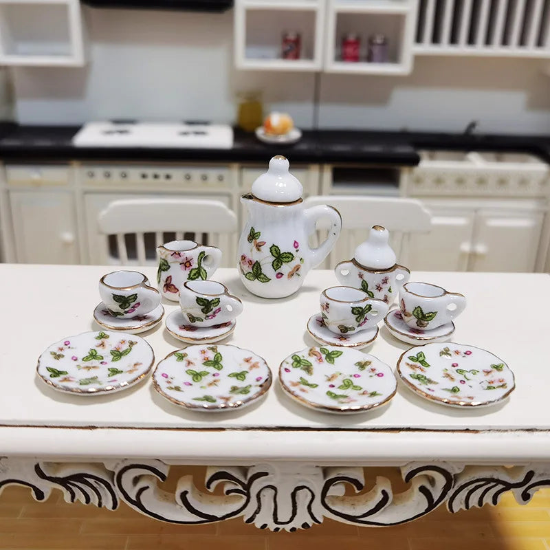 15 Pieces :Doll House Miniature Tableware Ceramic Coffee Tea Set Porcelain Tea Cup Set Flower Tableware