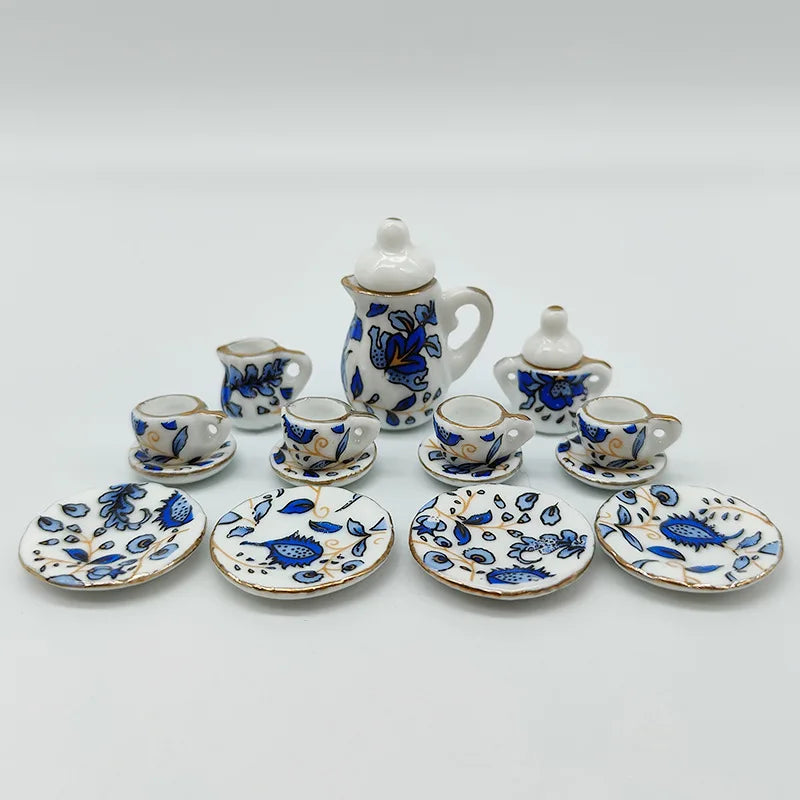 15 Pieces :Doll House Miniature Tableware Ceramic Coffee Tea Set Porcelain Tea Cup Set Flower Tableware
