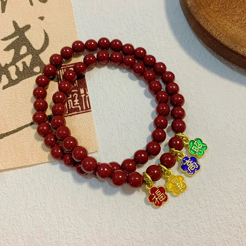Chinese Lucky Jewelry Vintage Cinnabar Red Bead Double Layered Beaded Bracelet Fashion Bead Bracelet for Men and Women