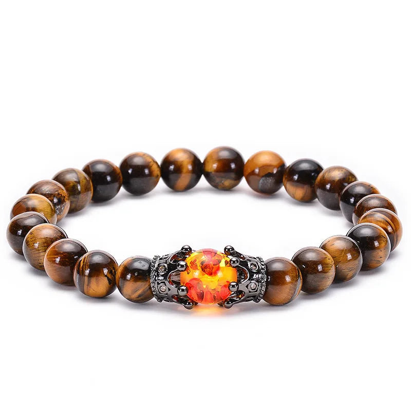 Handmade Fashion Crown Bracelet with Tiger Eye and Volcano Stone Matte Elastic Rope Natural Beaded Bracelet for Gift