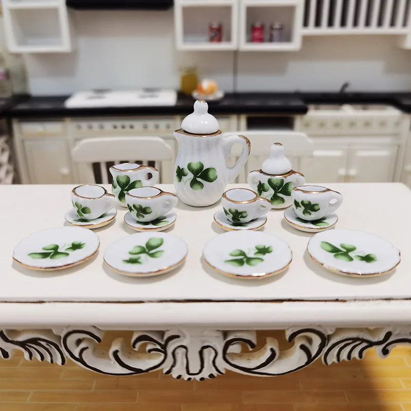 15 Pieces :Doll House Miniature Tableware Ceramic Coffee Tea Set Porcelain Tea Cup Set Flower Tableware