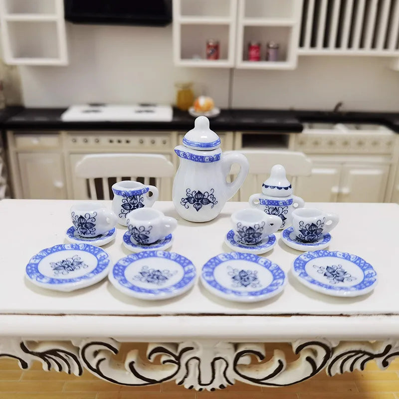 15 Pieces :Doll House Miniature Tableware Ceramic Coffee Tea Set Porcelain Tea Cup Set Flower Tableware
