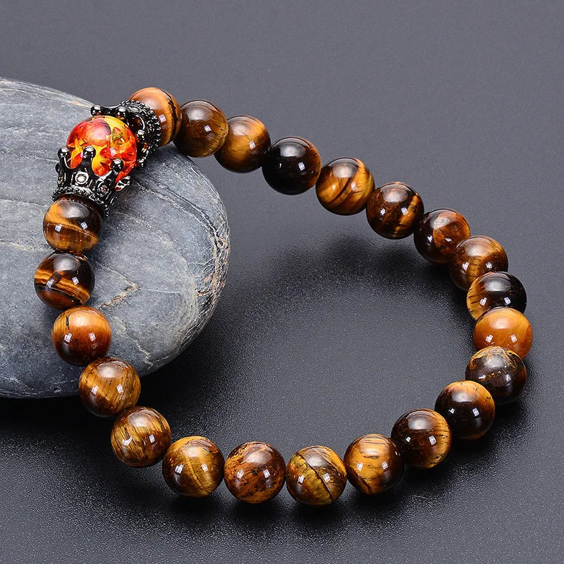 Handmade Fashion Crown Bracelet with Tiger Eye and Volcano Stone Matte Elastic Rope Natural Beaded Bracelet for Gift